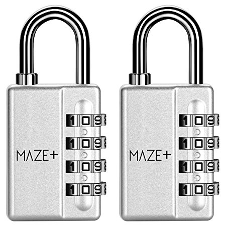 MazePlus 4 Digit Combination High Security Resettable Padlocks Silver 2-Pack - Heavy Duty Weatherproof Construction - Ideal For Lockers, Suitcases, Travel Bags, Chains & More