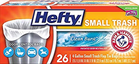 Hefty Small Trash/Garbage Bags (Odor Control, Clean Burst, Flap Tie, 4 Gallon, 26 Count)