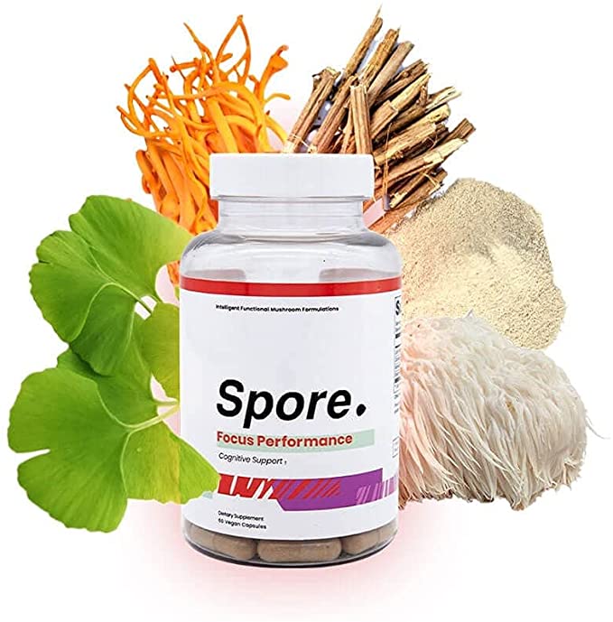 Spore Focus Performance -Intelligent Functional Mushroom Formulations | 60 Vegan Capsules (30 Day Supply) Lion’s Mane, Cordyceps, Ashwagandha | Improve Cognitive Function, Brain Health, Adaptogen