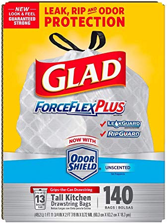 Glad ForceFlexPlus Tall Kitchen Drawstring Trash Bags, Unscented, 13 Gallon (140 Count)