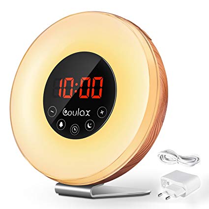 Wake Up Light COULAX Sunrise and Simulation Alarm Clock, 6 Alarm Sounds, Smart Snooze Function, FM Radio with 7 Colors LED Night Light for Bedside, Adults and Kids