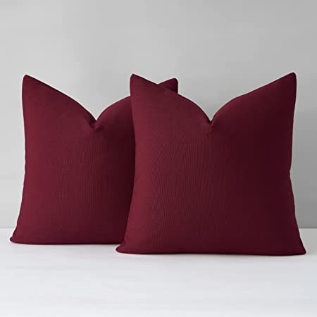 Mixhug Decorative Linen Throw Pillow Covers, Farmhouse Cushion Covers for Couch and Bed, Burgundy Red, 18 x 18 Inches, Set of 2