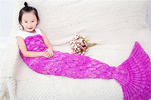 BG All Seasons Soft Crochet Mermaid Tail Blanket with Scales Pattern for Kids 55.12in x27.60in ( 140cm x 70cm Hot Pink)