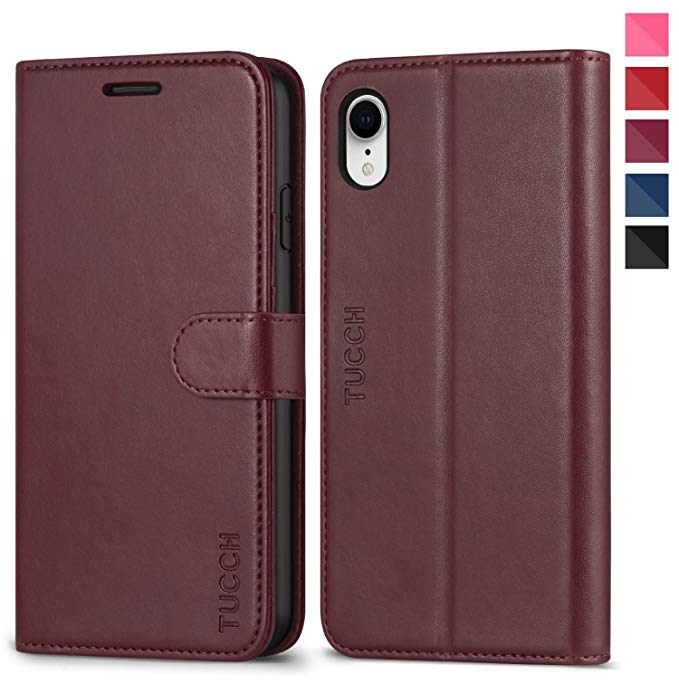 TUCCH iPhone XR Case, iPhone XR Wallet Case[RFID Blocking][Wireless Charging][Kickstand][Card Slots][Magnetic Closure] Leather Flip Folio Case Cover Compatible with iPhone XR (6.1 inches), Wine Red