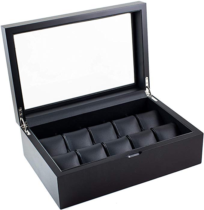 Caddy Bay Collection Black Wood Watch Box Holds 10 Large Men’s Watches, Modern Wood Finish Watch Case Display Organizer with Full View Glass Top and High Clearance Interior for Large Watches
