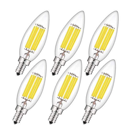 CRLight 6W LED Candelabra Bulb 4000K Daylight White, 70W Equivalent 700LM Dimmable, E12 Base Vintage Edison Style Clear Glass B10 Candle Torpedo Shape Bullet Top LED Chandelier Light Bulbs, Pack of 6