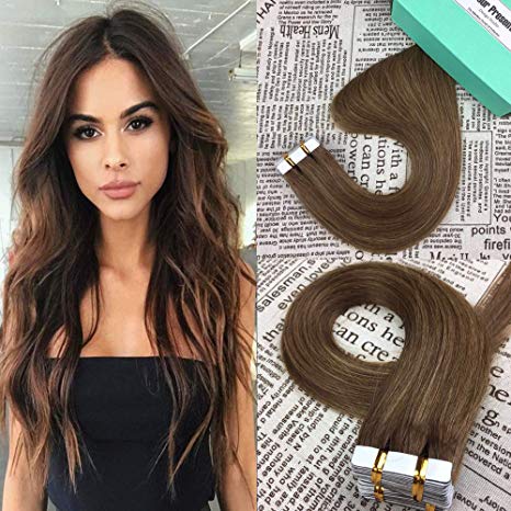 HIKYUU 16" 30g/20pcs Light Brown Invisible Tape in Remy Hair Extensions Straight Skin Weft Human Hair Extensions