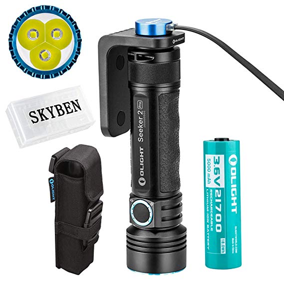 Olight Seeker 2 Pro 3200 Lumens L-Dock Charging Powerful Rechargeable Side-switch 3 LED Tactical Flashlight,with 1×21700 Battery and SKYBEN Battery Case