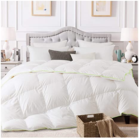 KASENTEX Luxurious and Contemporary Modal and Microfiber White Comforter with White Goose Down and Feather Fill, Duvet Insert with Premium Green Soft Piping, Heavy/Winter, King Size