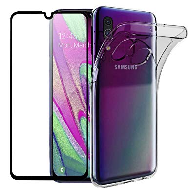 Wanxideng - Case for Samsung Galaxy A40   Tempered Glass Screen Protector, Slim Clear Soft Case TPU Silicone Cover - Transparent