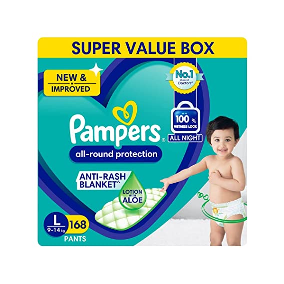 Pampers All round Protection Pants, Large size baby diapers (LG) 168 Count, Anti Rash diapers, Lotion with Aloe Vera