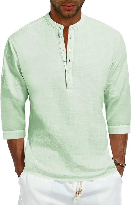 Mens Long Sleeve Henley Shirt Cotton Linen Beach Yoga Loose Fit Henleys Tops