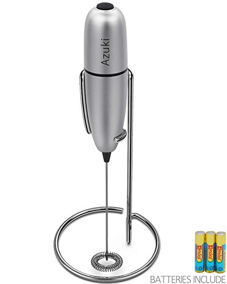 Azuki Milk Frother Handheld, All Metal Battery Operated Automatic Foam Maker for Coffee, Lattes, Cappuccino, Hot Chocolate, Durable Coffee Wand Mixer, Stainless Steel Stand Include (Q7-silver)