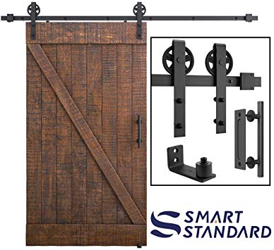 8ft Heavy Duty Sliding Barn Door Hardware Kit, 8ft Single Rail, Black, (Whole Set Includes 1x Pull Handle Set & 1x Floor Guide) Fit 48" Wide Door Panel(Big Industrial Wheel Hanger)