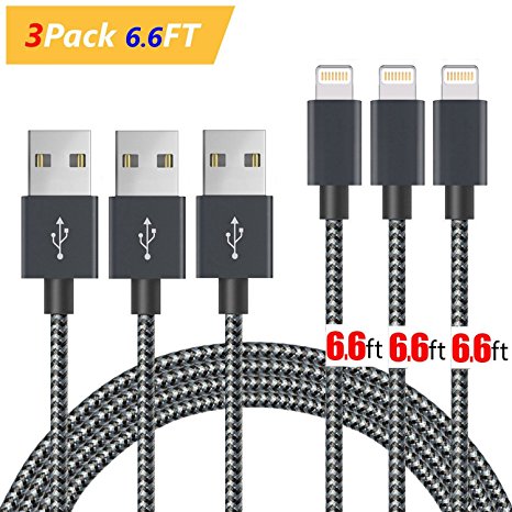 Lightning Cable 6.6 ft,[3-Pack]Durable and Fast Charging 8pin Lightning to USB Cable for iPhone7/7plus/6/6plus/6s/6splus/5/5s/5c/SE, iPad 2 3 4 Mini Air Pro, iPod -White(Black &Gray)