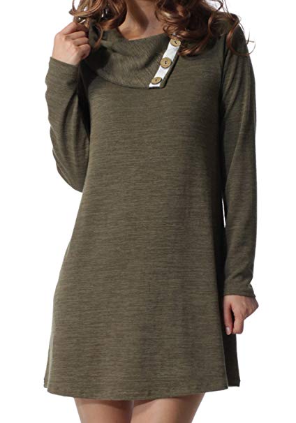 levaca Women's Long Sleeve Button Deco Neck Loose Casual Short T Shirt Dress