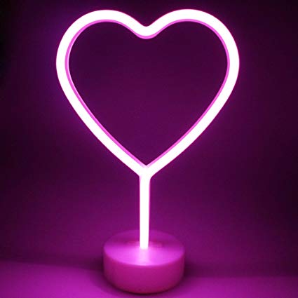 LED Heart Neon Light Pink Signs - XIYUNTE Room Decor Neon Lights Sign with Pedestal Night Lights Indoor Decor Battery Operated Light up Sign Bedside Table Lamps Neon Signs for Home Decoration