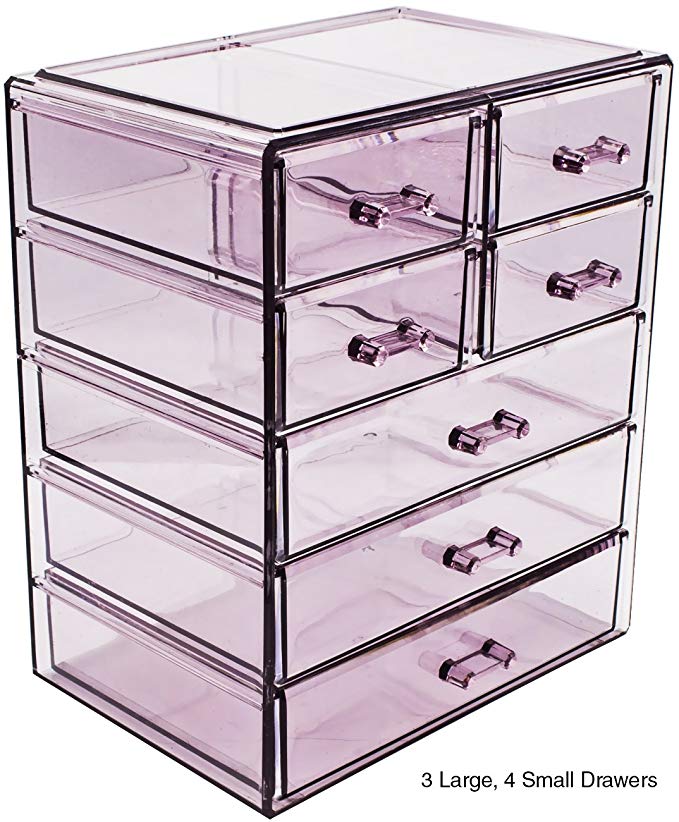 Sorbus Cosmetics Makeup and Jewelry Big Purple Storage Case Display- 3 Large and 4 Small Drawers Space- Saving, Stylish Acrylic Bathroom Case