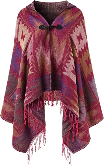 Ferand Ladies' Hooded Warm Plaid Cape Sweater, Open Front Poncho for Women