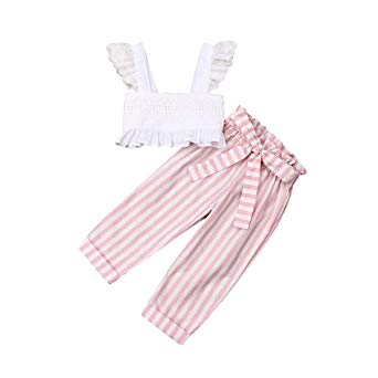 Toddler Baby Girls Summer Outfits Flutter Sleeve Ruffle Lace Crop Tops   Bowknot Striped Pants Trouses Casual Wear 2Pcs