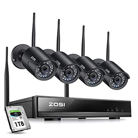 ZOSI 1080P Wireless Security Cameras System Outdoor Indoor with Night Vision, H.265  8CH Network Video Recorder (NVR) with 4 x 2MP Auto Match Weatherproof IP Cameras,1TB Hard Drive Built-in