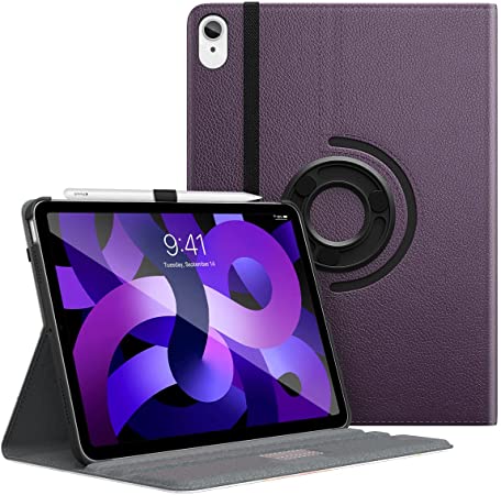 MoKo iPad Air Case 5th/4th Generation 10.9 Inch 2022/2020 with Pencil Holder,90 Degree Rotate Leather Back,Multi-Angle Viewing,Support Pencil 2nd Charging/Touch ID,Auto Sleep/Wake,Purple