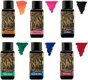 Diamine - 30ml Fountain Pen Ink - Colour Wheel - 6 Pack - Autumn Oak, Hope Pink, Jet Black, Ultra Green, Majestic Blue, Red Dragon