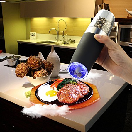 Mandydov Gravity Electric Salt and Pepper Grinder, Stainless Steel Pepper and Salt Mill, Battery Powered, Blue LED Light, Adjustable Coarseness, Food Grade 304 Stainless Steel Spoon Included