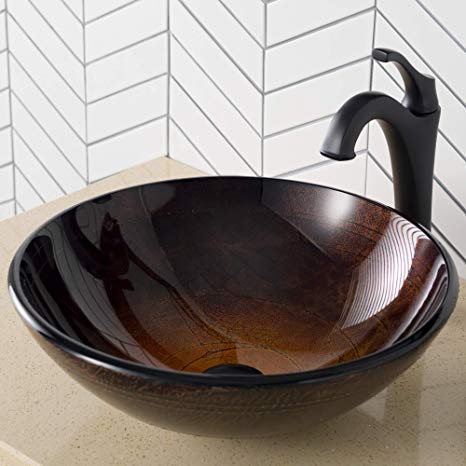 Kraus C-GV-580-12mm-1200MB Arlo & Glass Bathroom Sink and Faucet, Brown Matte Black