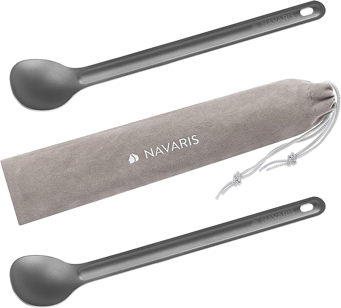 Navaris Long Handle Titanium Spoons (Set of 2) - 8.4" (21.5cm) Long Metal Spoon Set for Backpacking and Camping - Strong Ultra Lightweight Cutlery