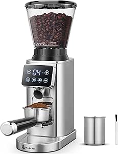 AMZCHEF Coffee Grinder Electric with LED Control Panel, Espresso Grinder with Precise 24 Grinding Sets, Burr Coffee Grinder with Portafilter Holder, Anti-Static Espresso Bean Grinder for Home, Silver