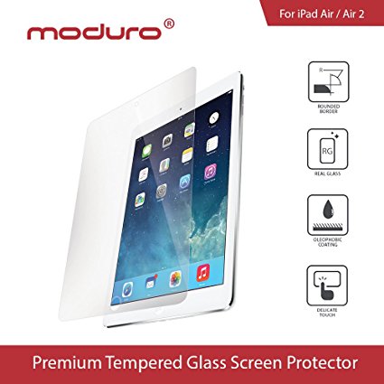 iPad Air / Air 2 Tempered Glass Screen Protector, Moduro® Premium Ultra Thin 0.3mm Anti-Scratch, Anti-Fingerprint, Anti-Bubble Shatterproof, Ballistic, HD Clarity, Retina, Tempered Glass Screen Protector