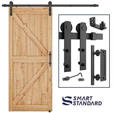 6.6 FT Heavy Duty Sturdy Sliding Barn Door Hardware Kit, 6.6ft Double Rail, Black, (Whole Set Includes 1x Pull Handle Set & 1x Floor Guide & 1x Latch Lock) Fit 36"-40" Wide Door Panel (I Shape Hanger)