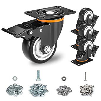 3 Inch Caster Wheels, Heavy Duty 3” Casters Set of 4 with Brake, TONSUM No Noise Polyurethane (PU) Wheels and Safety Dual Locking casters, Swivel Plate Castors (Two Hardware Kits)