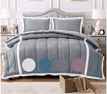 KASENTEX 3 Piece Luxury Goose Down Alternative Comforter Set with Plush Microfiber Stripe Design, Reversible and Machine Washable, King with 2 King Shams, Pewter Grey