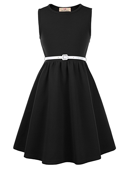 GRACE KARIN Girls Retro Sleeveless Swing Dresses With Belt