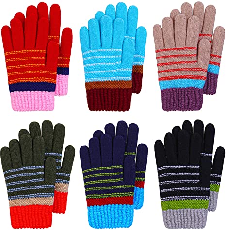 Cooraby 6 Pairs Children Thicken Knitted Gloves Warm Stretch Stripe Gloves Kids Winter Cold Weather Gloves