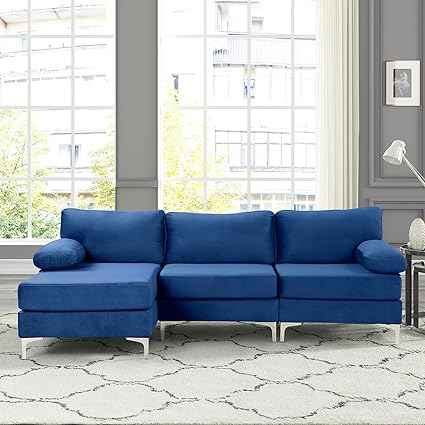 Casa Andrea Milano Modern Velvet Fabric Sectional Sofa, L-Shape Couch with Extra Wide Chaise Lounge