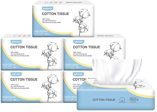 Winner Soft Cotton Tissue, Dry Baby Wipes Size 7.8x7.8 inches, Great for Sensitive Skin, Used as Facial Tissue, Baby Washcloths, Makeup Wipes, Disposable Cleansing Cloths, 480 Counts