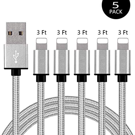 iPhone Fast Charger, MFi Certified Lightning Cable 5 Pack [3 FT] Extra Long Nylon Braided USB Charging & Syncing Cord Compatible with iPhone Xs/Max/XR/X/8/8Plus/7/7 Plus/6S/6S Plus/iPad(White&Silver)