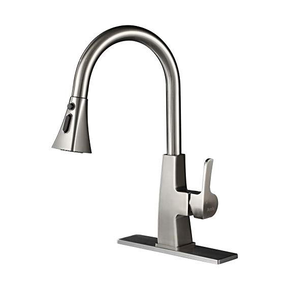 Kitchen sink faucet-Arofa A03LY single handle brushed nickel stainless steel gooseneck kitchen faucets with pull down sprayer