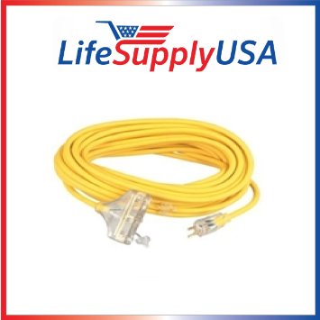 12/3 50ft Wire Gauge 3 OUTLET Tri-Source SJEOW Indoor Outdoor Vinyl LIGHTED Electric Extension Cord, 50 Feet