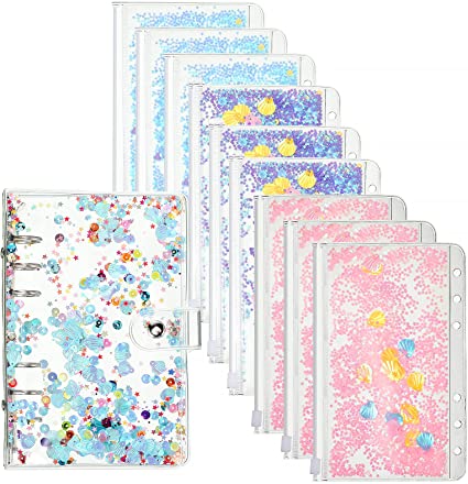 10 Pieces Binder Pockets with Notebook Binder Cover, Includes 9 Pieces Quicksand 6-Ring Loose Leaf Binder Pockets and 1 Piece Glitter Budget Binder for School Office (Star Dots,A6 Size)