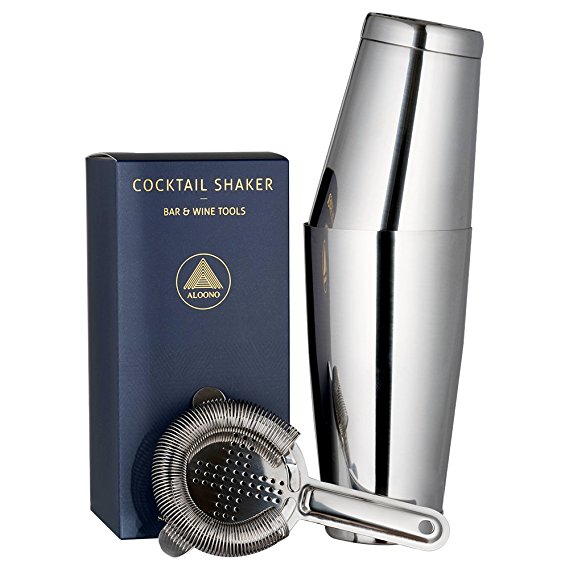 Boston Cocktail Shaker, 3-Piece Bar Set: 18oz & 28oz Weighted Cocktail Shakers and Hawthorne Cocktail Strainer, 18/8 Stainless Steel Cocktail Shaker Set with Recipes and Greeting Card