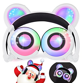 iGeeKid Kids Headphones Bear Ear-Inspired USB Rechargeable LED Backlight,Wired On/Over Ear Gaming Headsets 85dB Volume Limited for Girls,Boys,Compatible for Kids Tablet,iPad,iPhone,Android,PC(White)