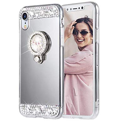 Caka iPhone XR Case, iPhone XR Glitter Case [Mirror Series] Bling Luxury Cute Shiny Mirror Makeup Protective TPU Case for Girls with Ring Kickstand Diamond Crystal for iPhone XR - (Silver)