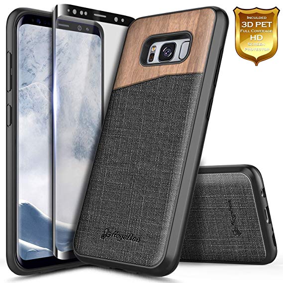 Galaxy S8 Case with Full Coverage Screen Protector 3D PET, NageBee [Natural Wood] Premium Canvas Fabrics Shockproof Dual Layer Armor Hybrid Defender Rugged Durable Case for Samsung Galaxy S8 -Wood
