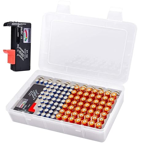 Battery Storage Organizer Box with Battery Tester, Garage Batteries Caddy Case Holder Container Holds 120  Batteries AA AAA Lithium 3V CR123 LR44 CR2016 CR1632 CR2032 CR2025 (Batteries Not Include)