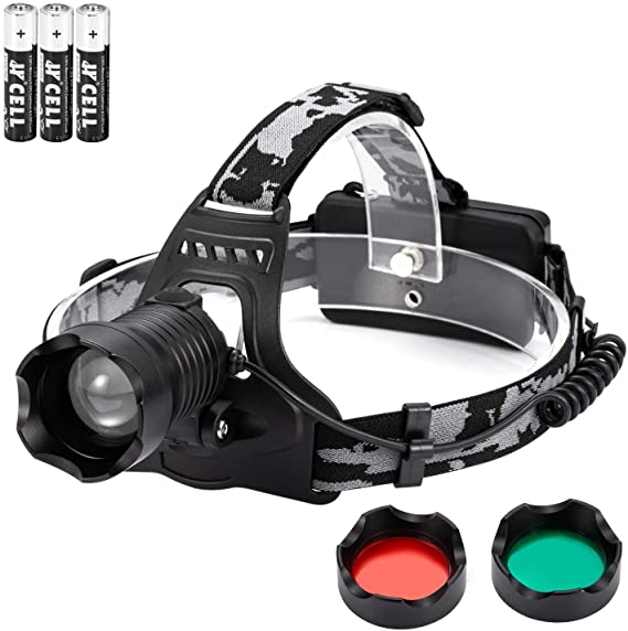 Ledeak Led headlamp Tactical Zoomable Work Light, Hunting Headlight Super Bright 3 Exchange Color Red Green Lens and White Light, Waterproof Adjustable Flashlight for Camping, Beekeeping, Outdoors