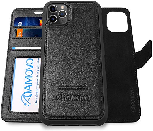 AMOVO Leather Case for iPhone 11 Pro Max (6.5’’) [Genuine Leather] iPhone 11 Pro Max Wallet Case Detachable [2 in 1 Folio] [Wristlet] iPhone 11 Pro Max Leather Folio Case Cover (Genuine Leather Black)